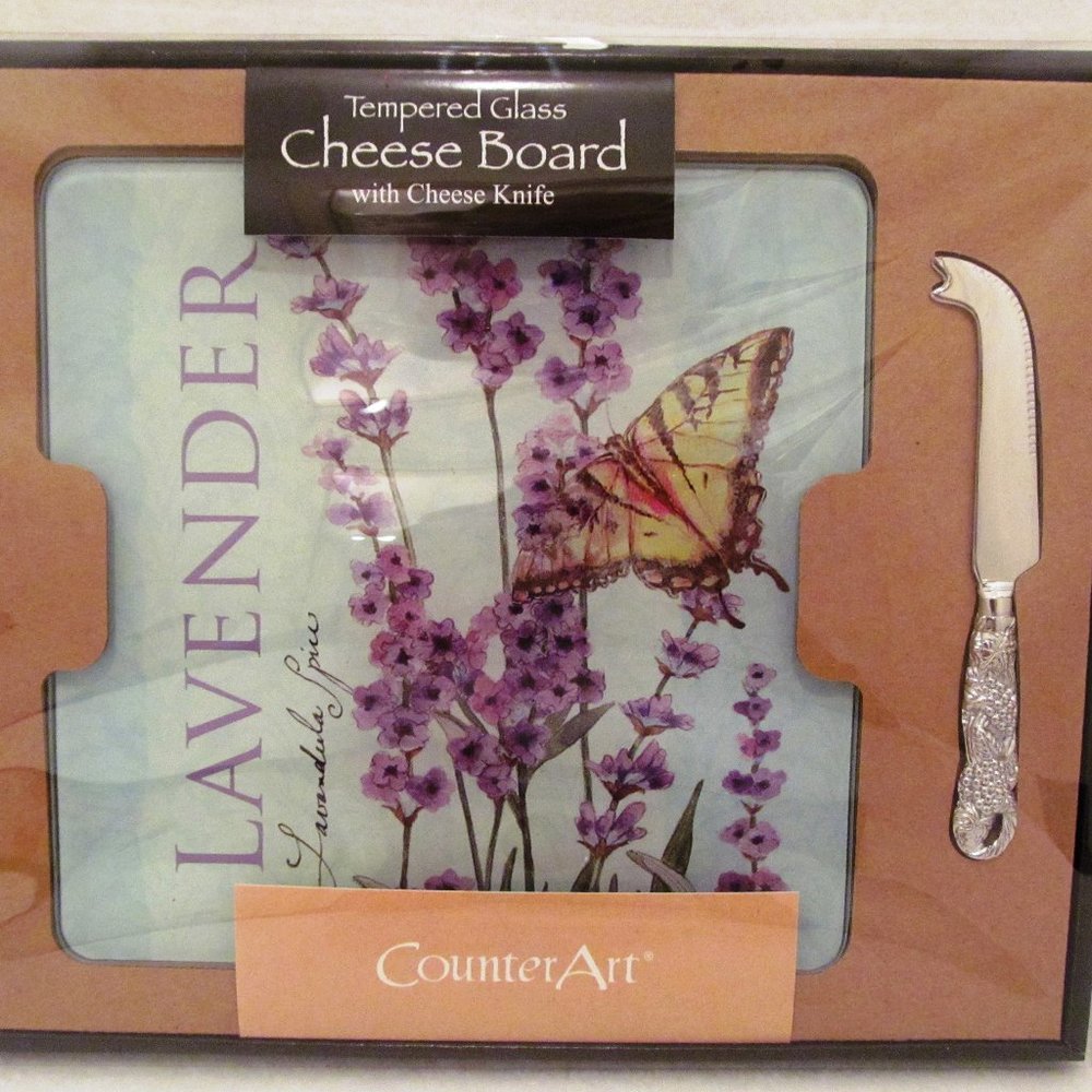 CounterArt Glass Cheese Board Herb Garden w Knife